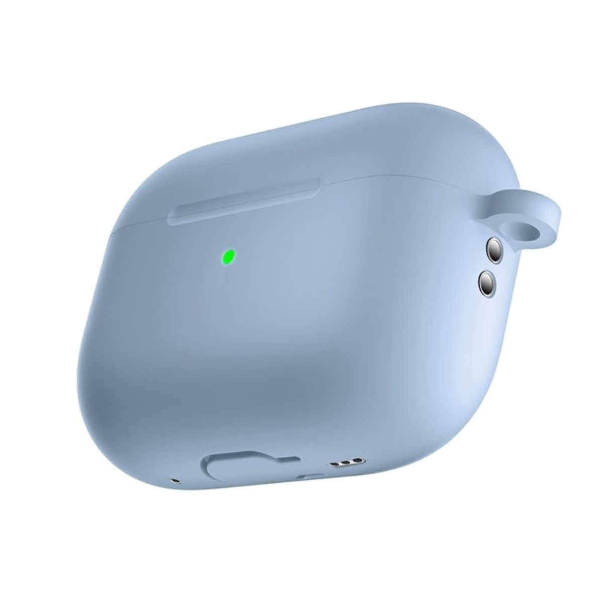 Hellblaue AirPods-Hülle mit grünem Licht und zwei Knöpfen. Weißer Hintergrund.
