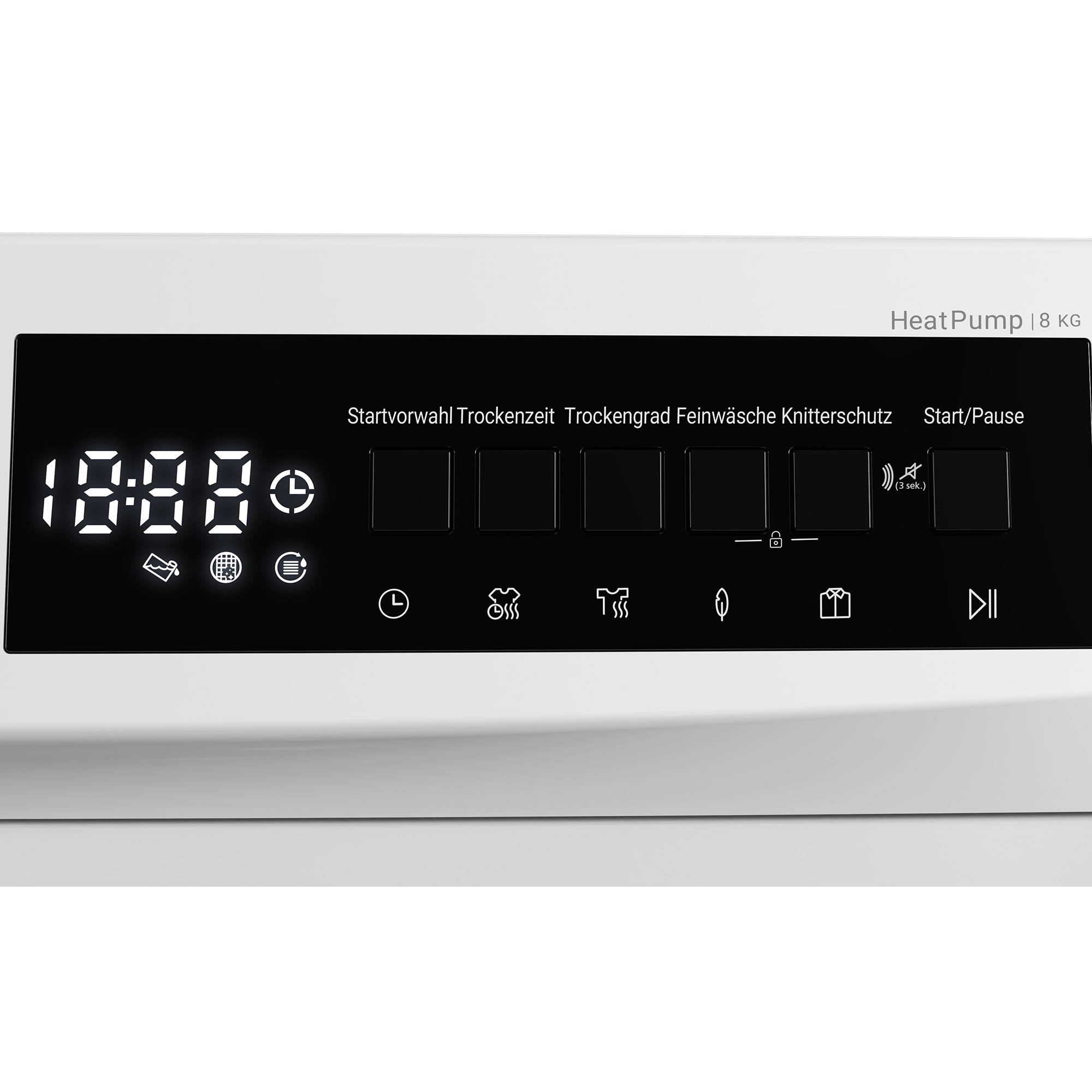 Nahaufnahme des Bedienfelds einer weißen Waschmaschine mit Symbolen und Display.