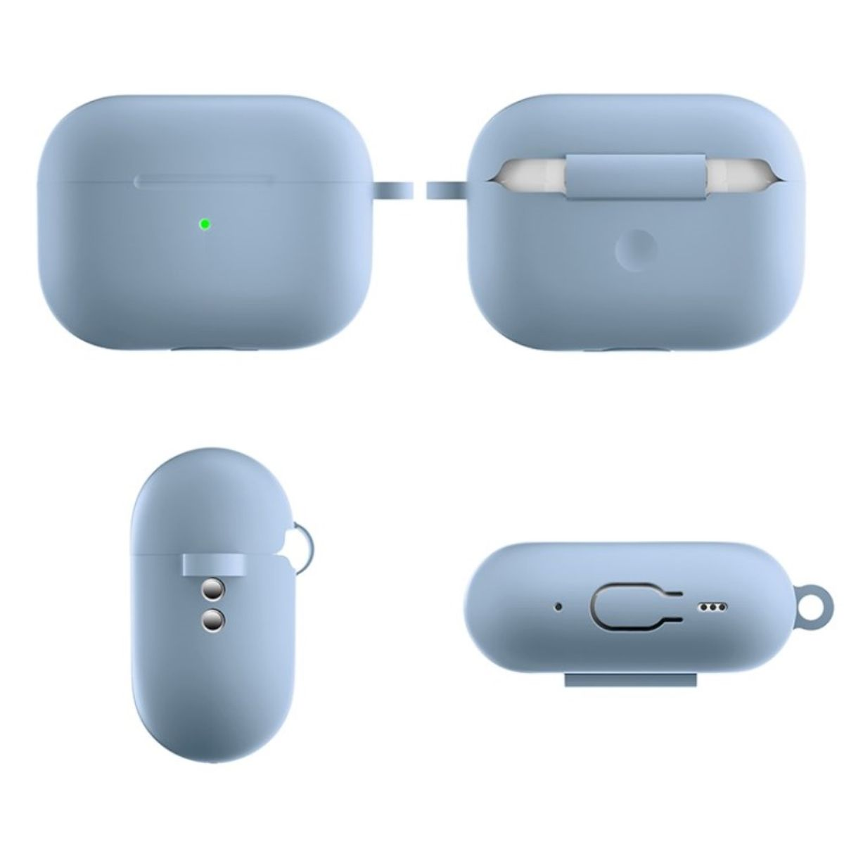 Vier Ansichten eines hellblauen AirPods Pro-Gehäuses, offen und geschlossen.