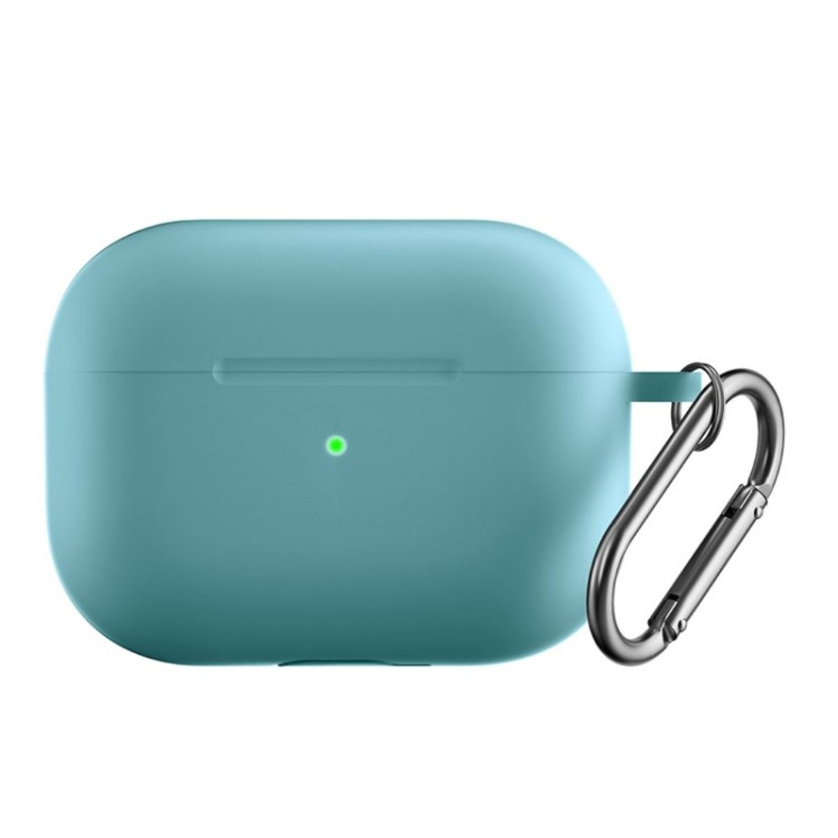 Ein türkisgrünes AirPods-Case mit einem silberfarbenen Karabinerhaken. Ein grünes Licht leuchtet.