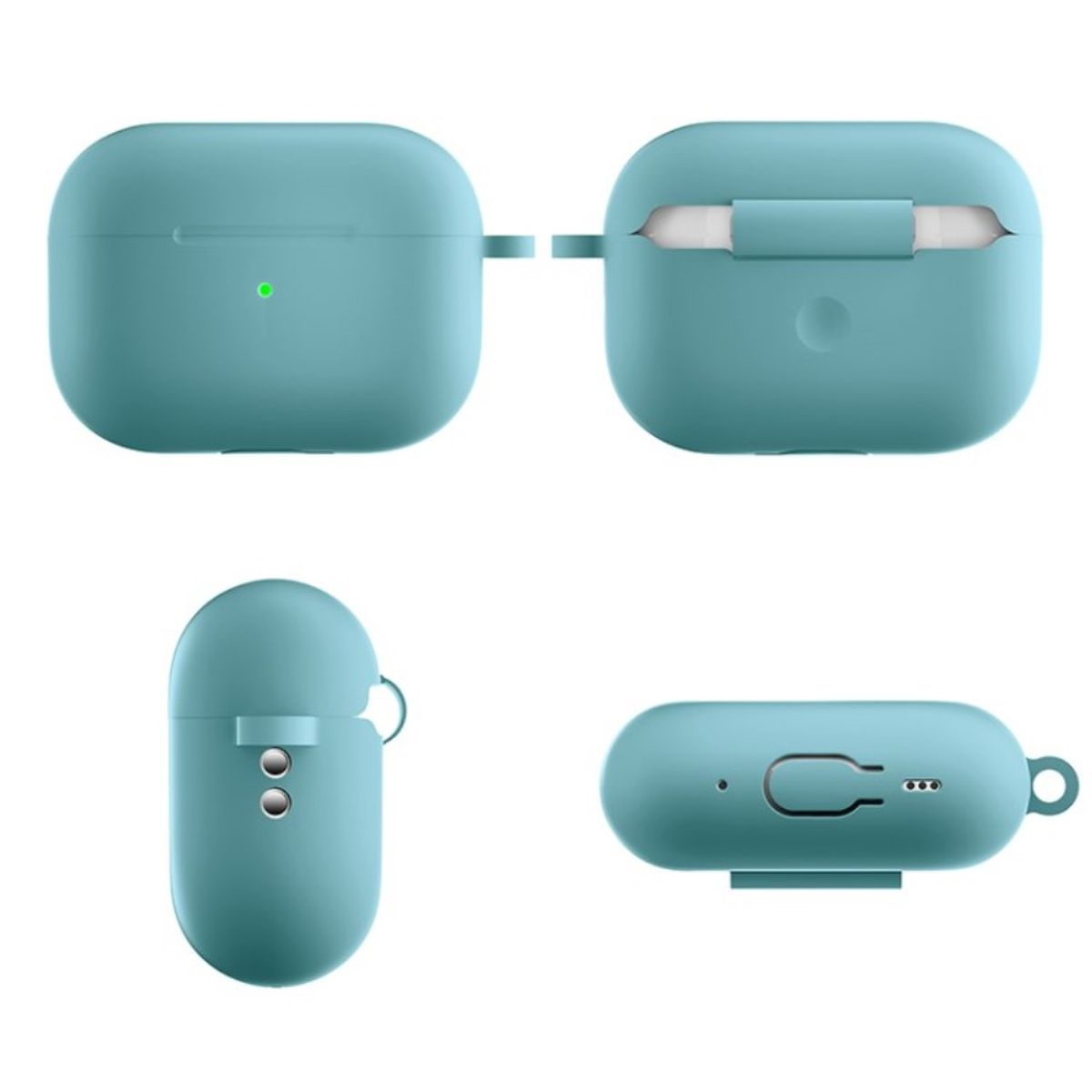 Vier Bilder eines türkisblauen Ladeetuis für AirPods. Verschiedene Winkel werden gezeigt.