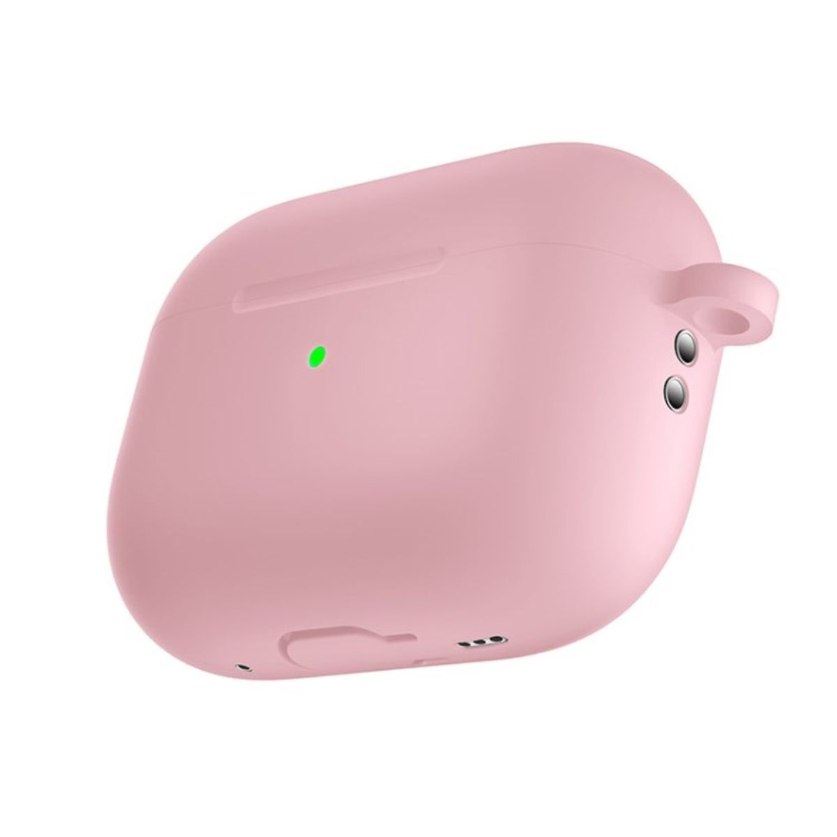 Rosa AirPods Pro-Hülle mit grünem Ladelicht. Die Hülle hat zwei Knöpfe und eine Schlaufe.