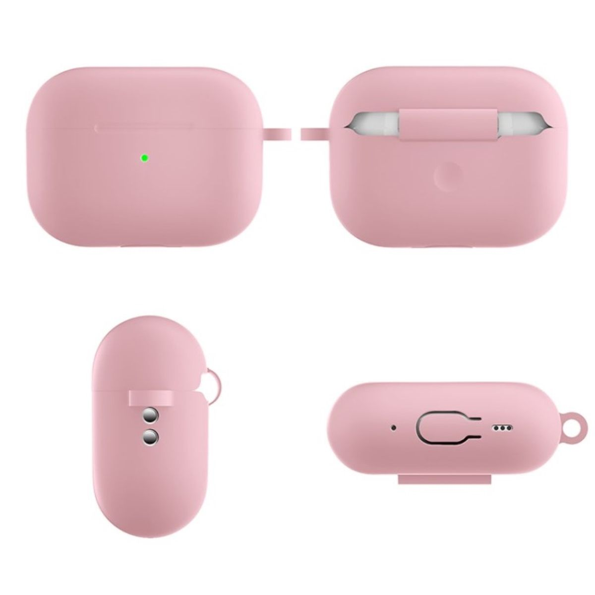 Vier Ansichten eines rosa Ohrhörer-Etuis. Zeigt das Etui geschlossen, offen und aus verschiedenen Blickwinkeln.