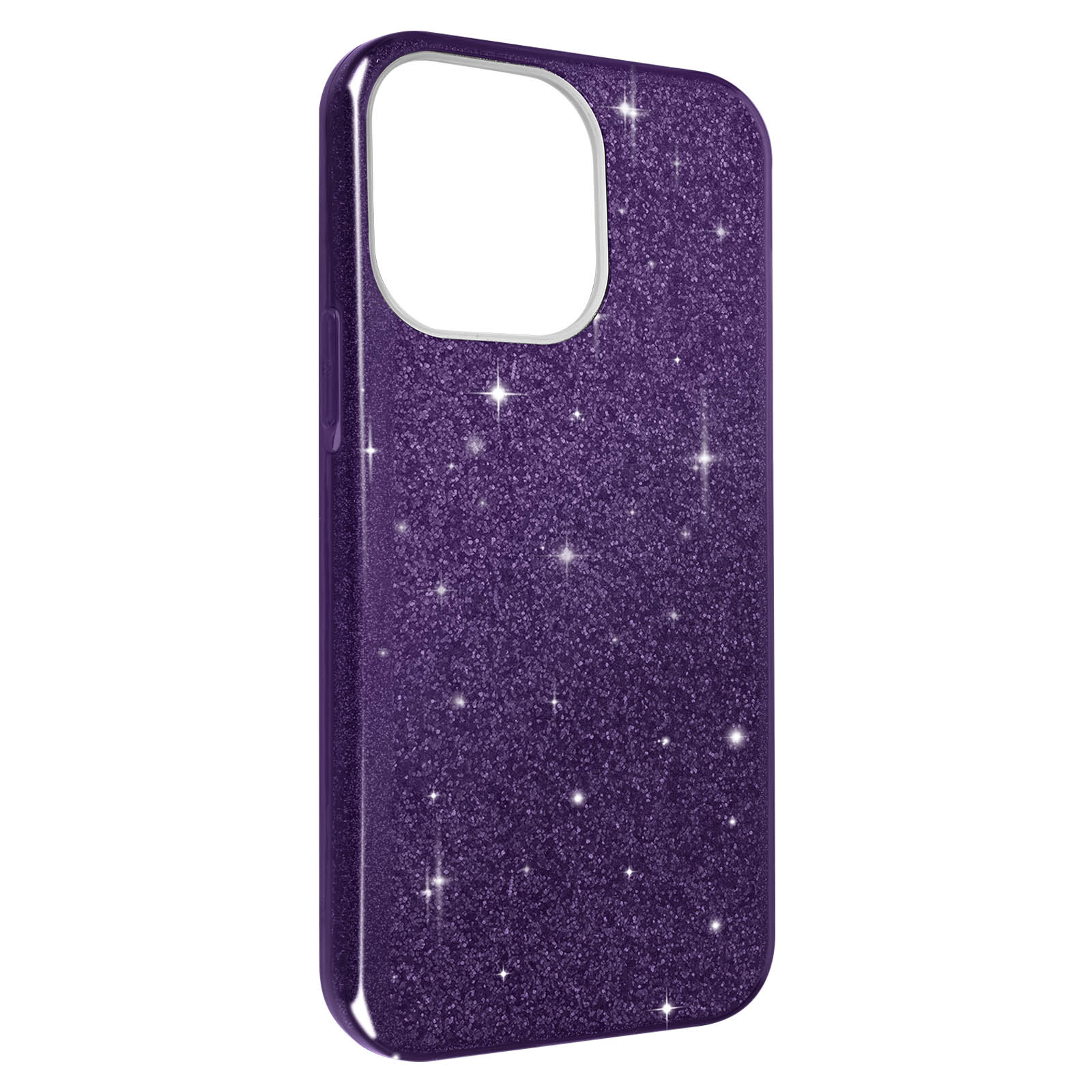 Una custodia per telefono viola glitterata con un ritaglio per la fotocamera.
