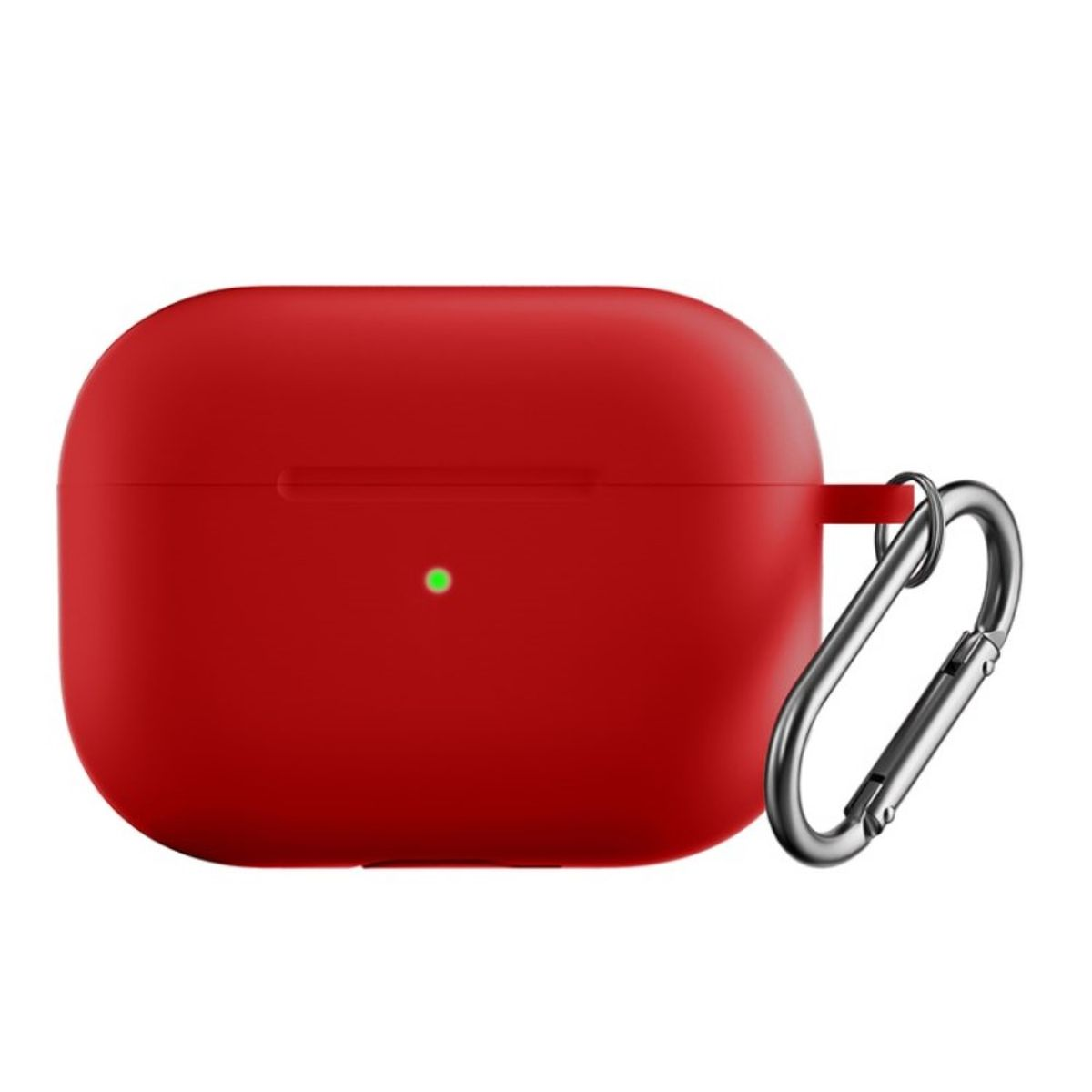 Ein rotes AirPods-Etui mit einem silberfarbenen Karabiner. Ein grünes Licht leuchtet.