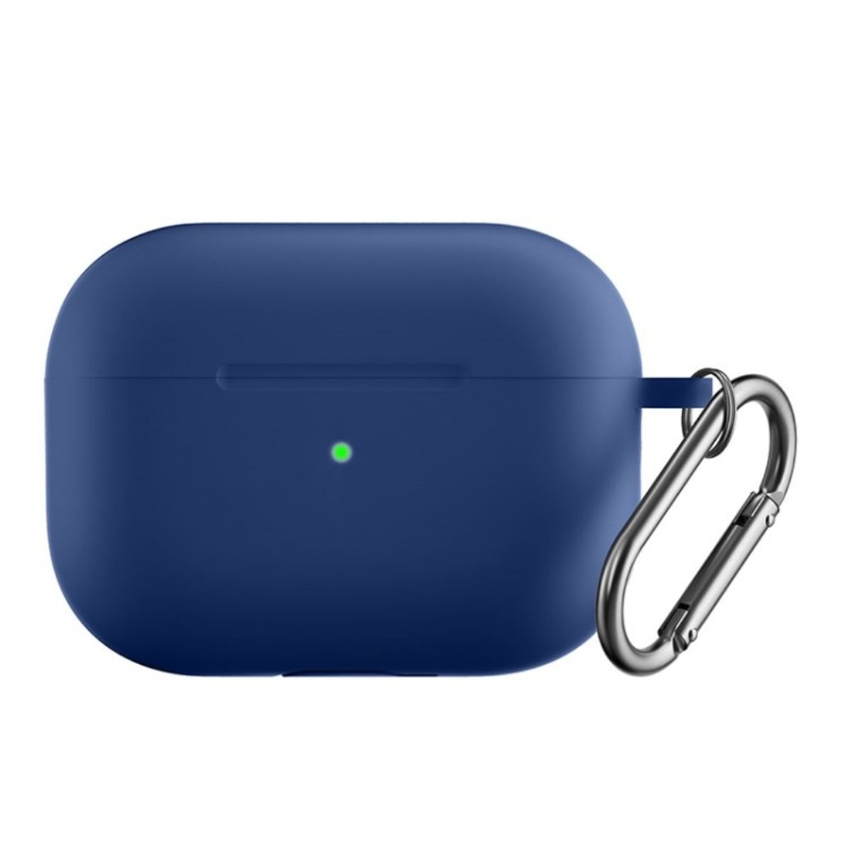 Blaues Kopfhörer-Etui mit silbernem Karabiner, grünem Licht, weißem Hintergrund.