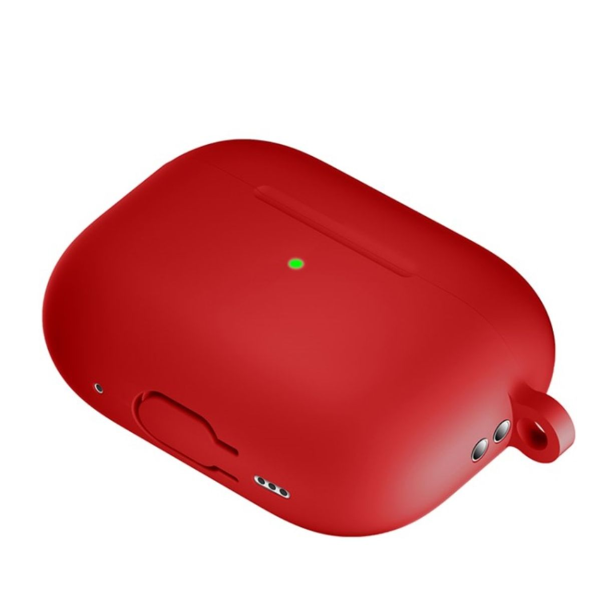 Rotes kabelloses Ohrhörer-Etui mit grünem Licht und Ladeanschluss.