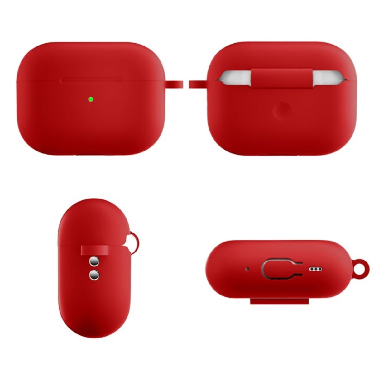 Rotes AirPods Pro-Etui, mit Ober-, Vorder- und Unteransicht. Etui ist geöffnet und geschlossen.