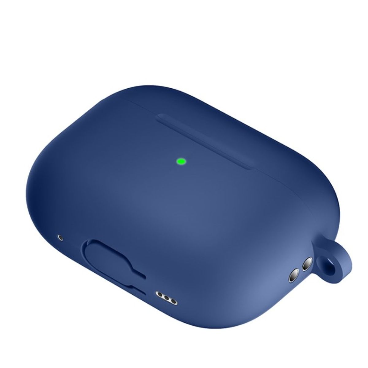 Eine dunkelblaue Hülle für AirPods mit grünem Licht und einer Schlaufe.