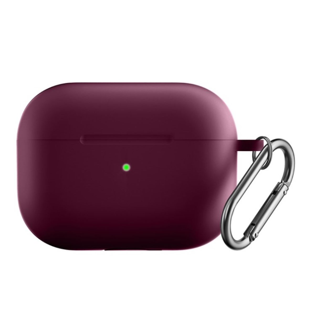 Eine weinrote Airpods-Hülle mit einem silbernen Karabinerhaken.