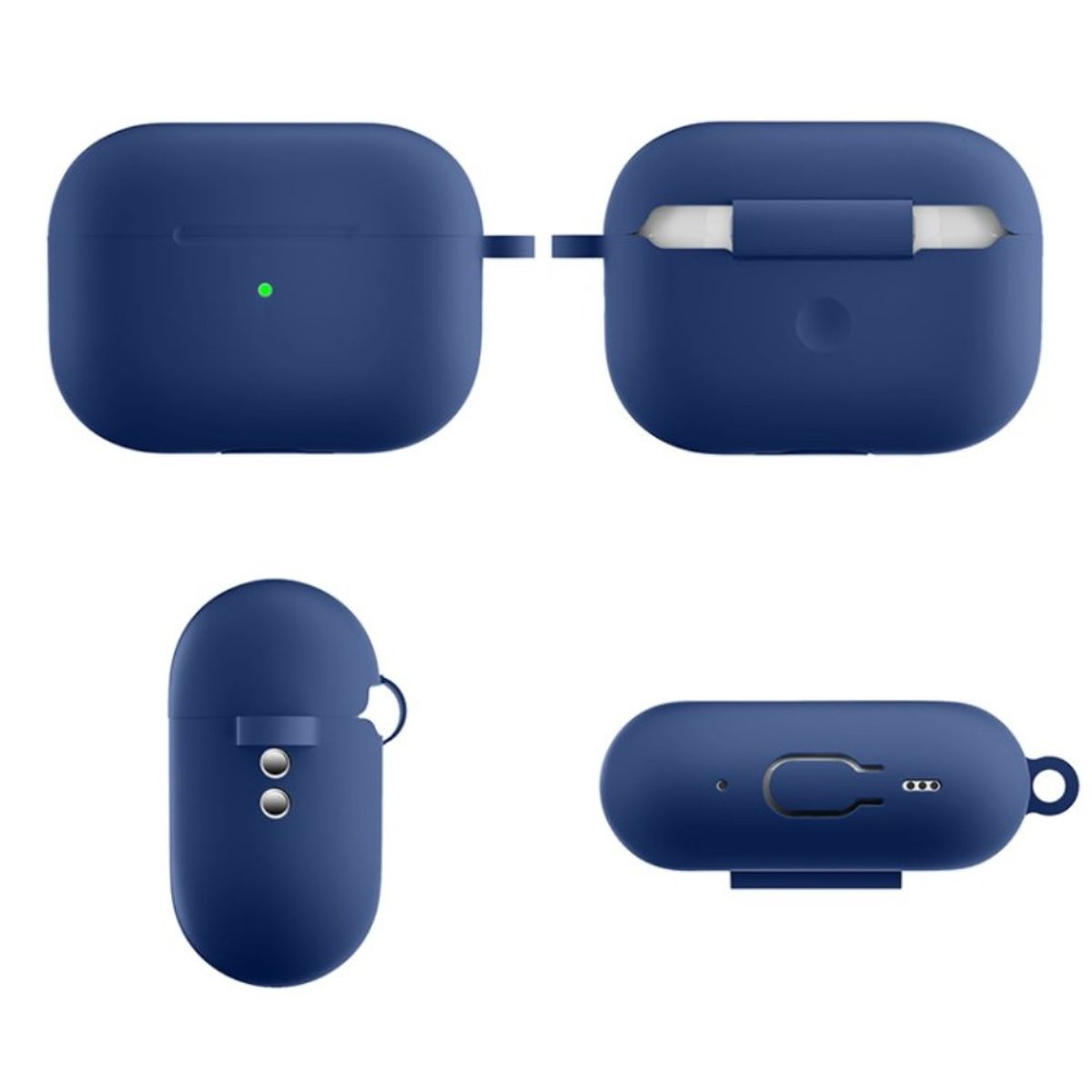 Vier Ansichten eines blauen AirPods-Etuis. Enthält Ansichten von oben, geöffnet, seitlich und unten.