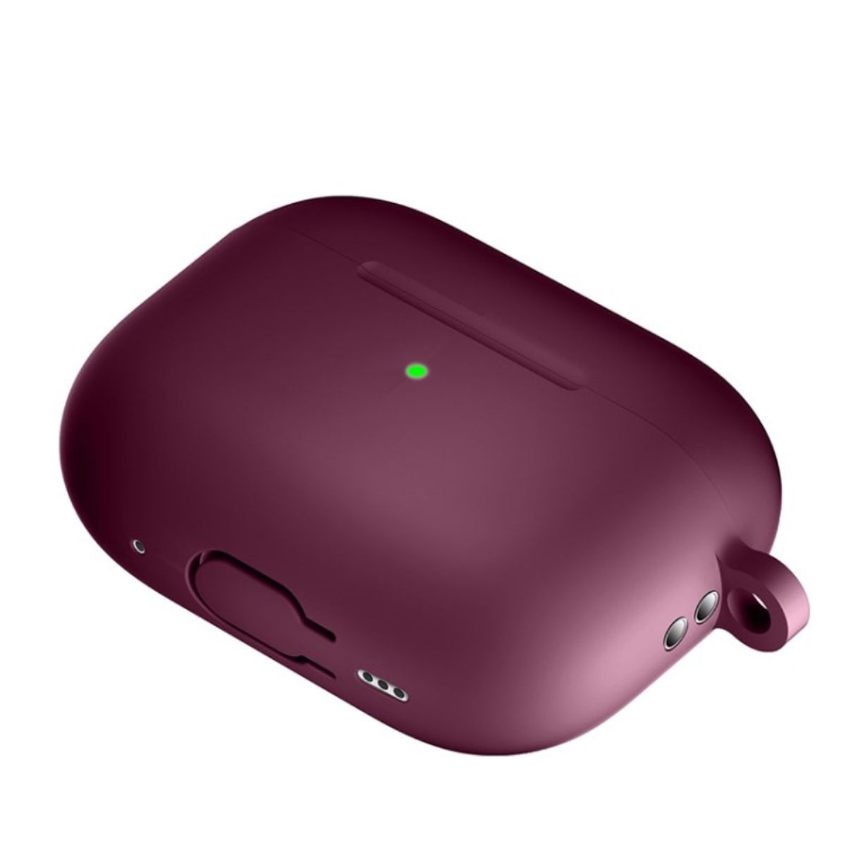 Ein weinrotes AirPods-Case mit grünem Licht und geöffnetem Ladeanschluss, isoliert auf weißem Grund.