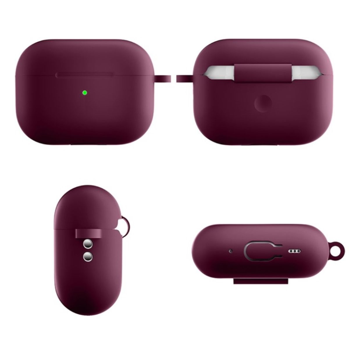 Ein Satz von vier Ansichten eines weinroten AirPods-Etuis, die verschiedene Winkel und Details zeigen.