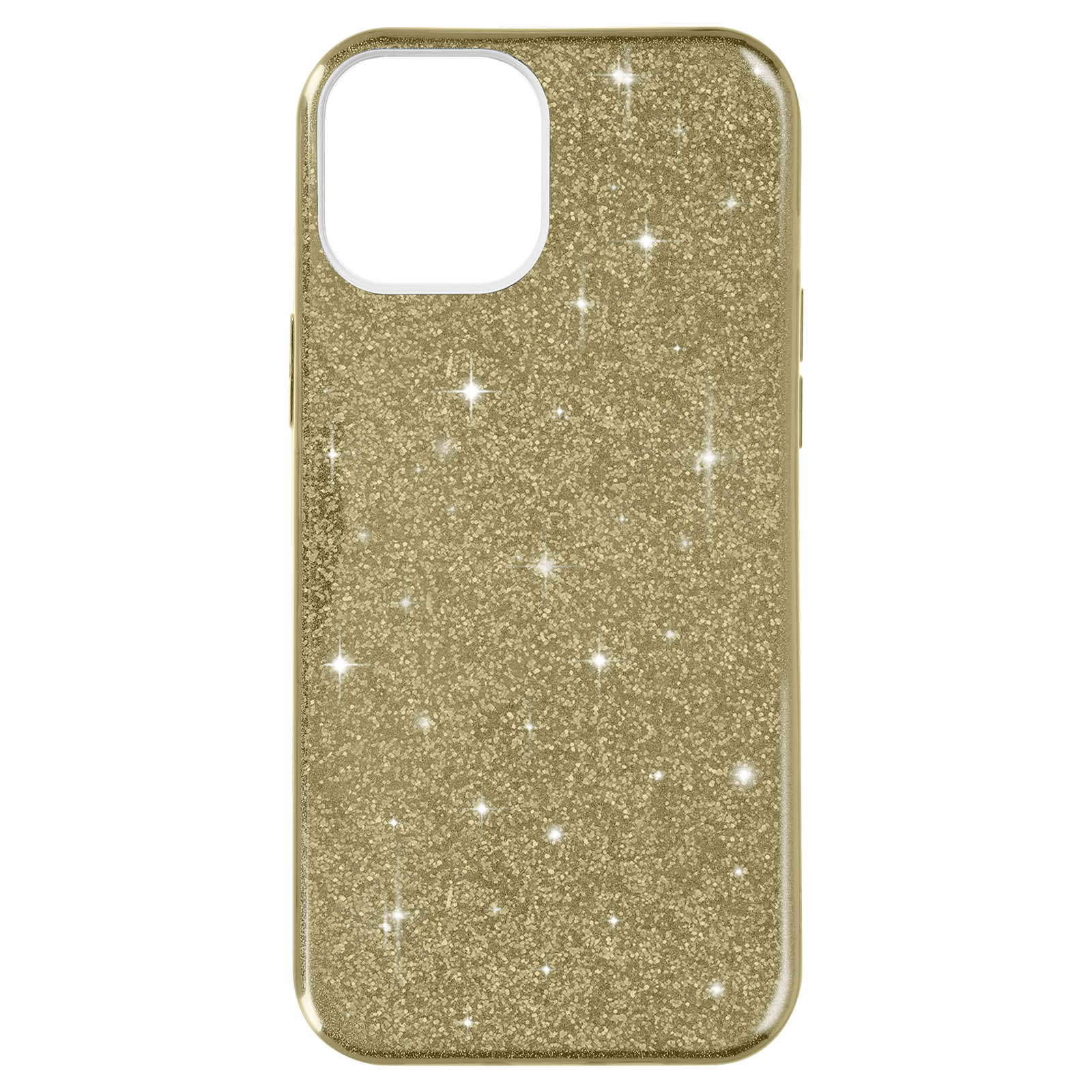 Coque de téléphone dorée à paillettes. Découpe pour la caméra. Fond blanc.