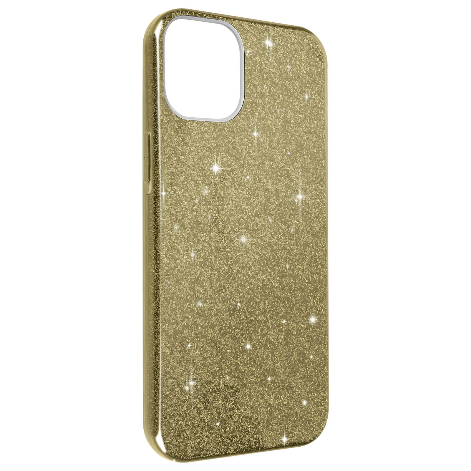 Une coque de téléphone dorée à paillettes avec un trou pour l'appareil photo.