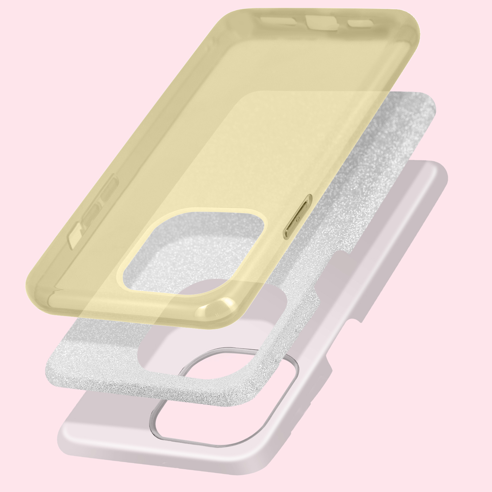 Vue éclatée d'une coque de téléphone avec des couches. Jaune en haut, scintillant au milieu et rose clair à la base.