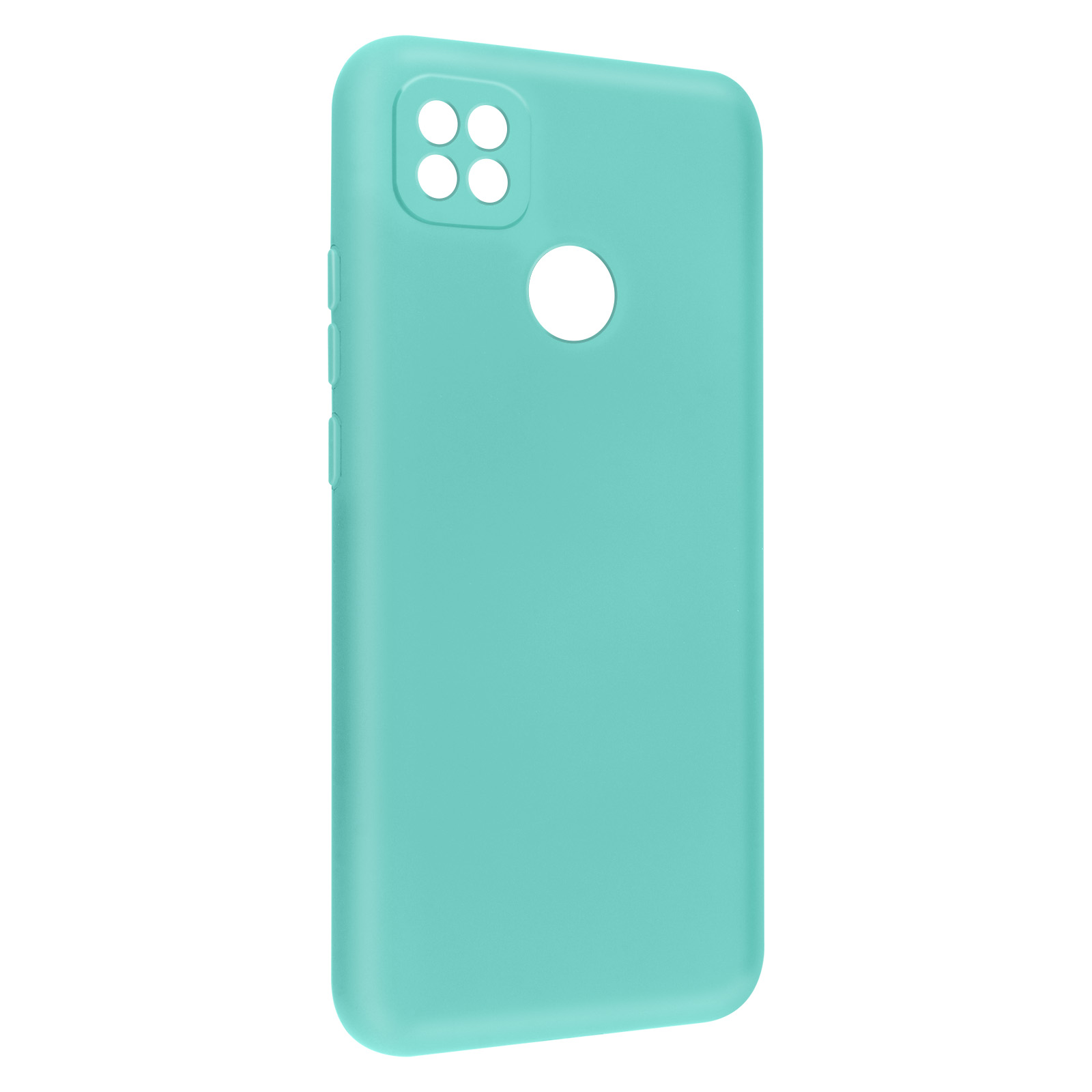 Une coque de téléphone bleu sarcelle clair avec des découpes pour la caméra et des emplacements de boutons, fond blanc.