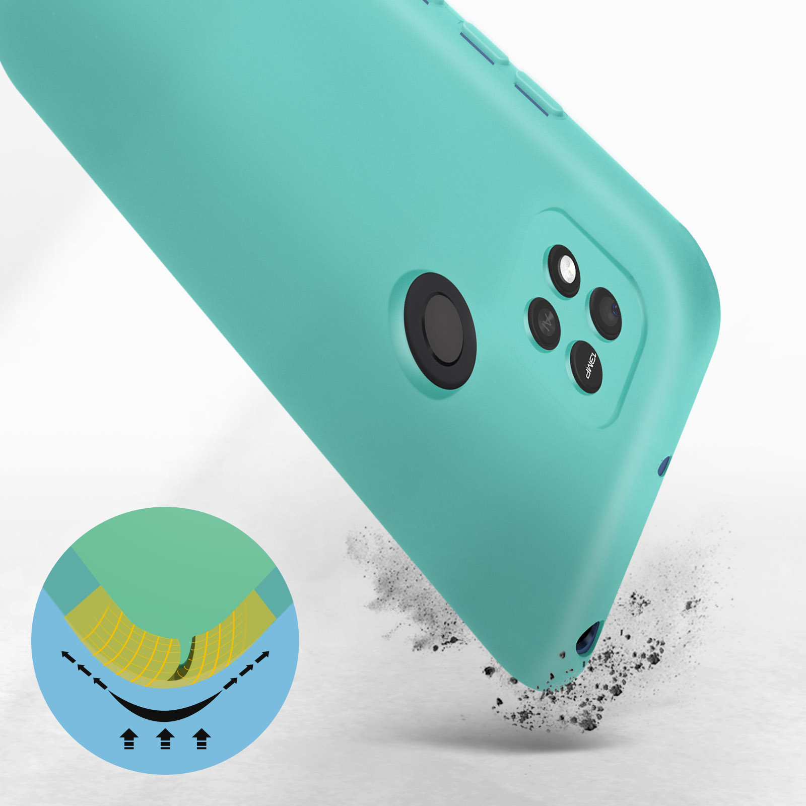 Coque de téléphone turquoise montrant la zone de la caméra, avec une illustration de l'absorption des chocs.