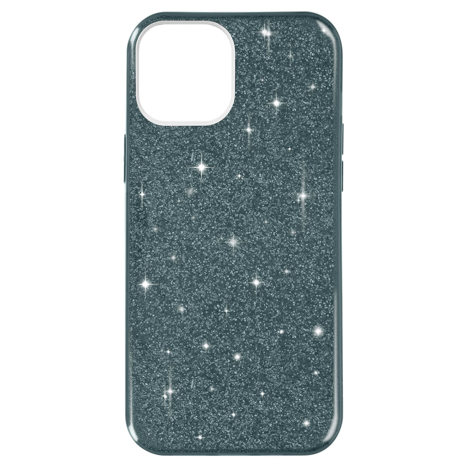 Custodia per smartphone con effetto glitter scintillante. La custodia è color verde acqua con stelle.