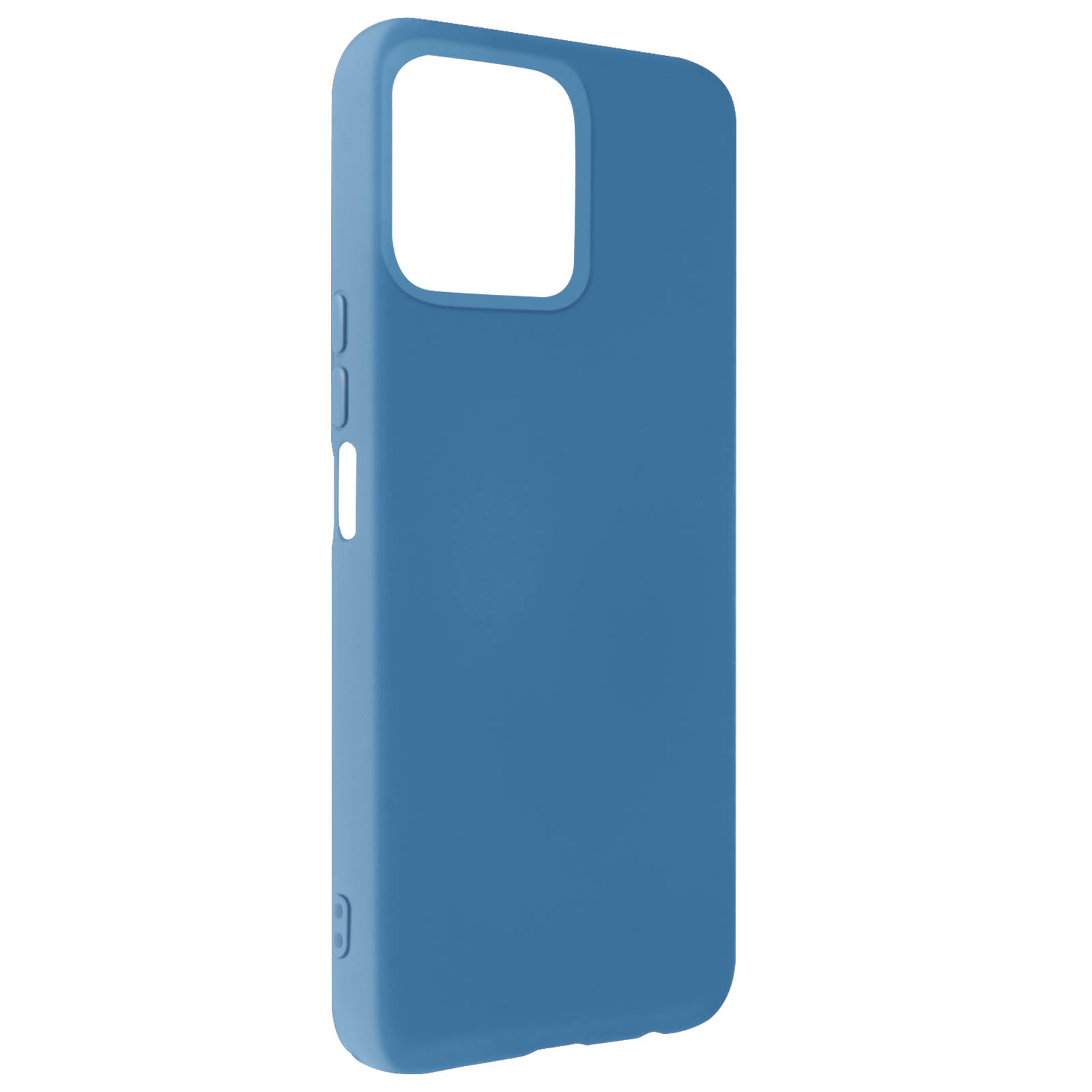 Custodia blu per telefono, design semplice, pulsanti laterali visibili.