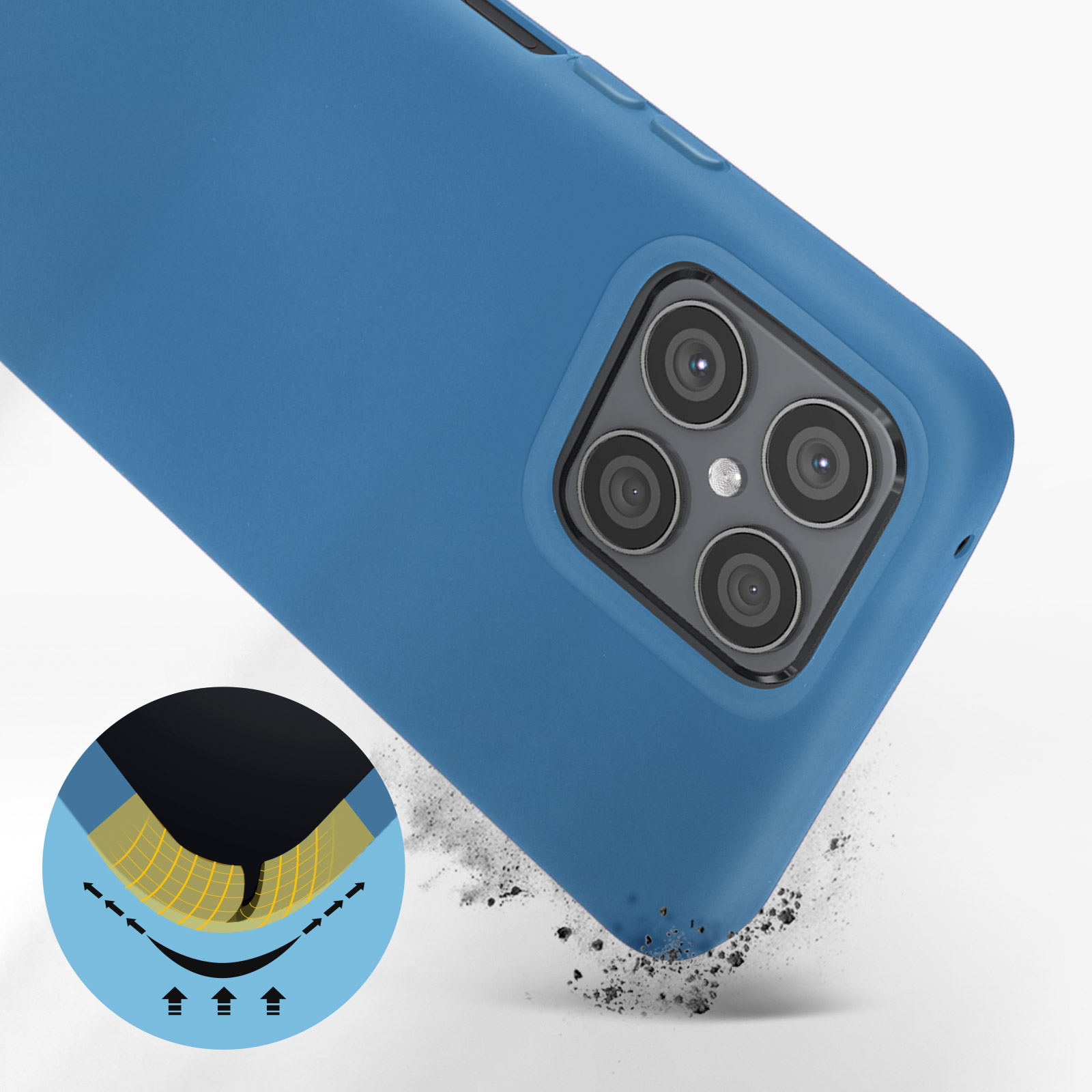 Custodia blu per telefono con fori per fotocamera e diagramma della tecnologia di assorbimento.