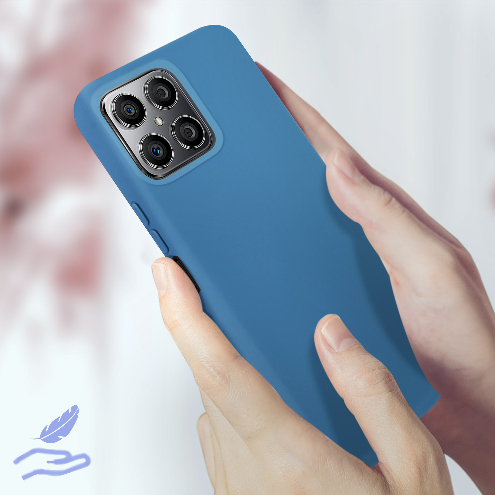 Una custodia blu per telefono tenuta da due mani. Un'icona di piuma nell'angolo in basso a sinistra.
