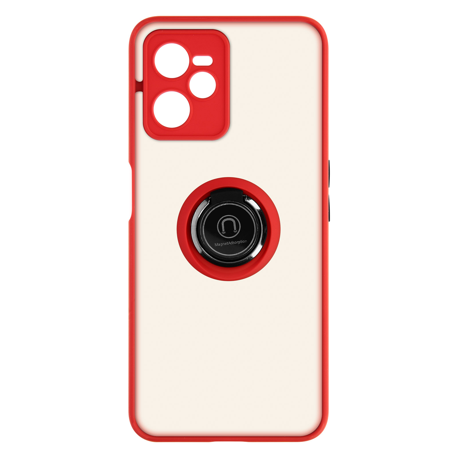 Custodia per telefono con cornice rossa, retro bianco e supporto ad anello. Dettagli rossi per fotocamera e anello.