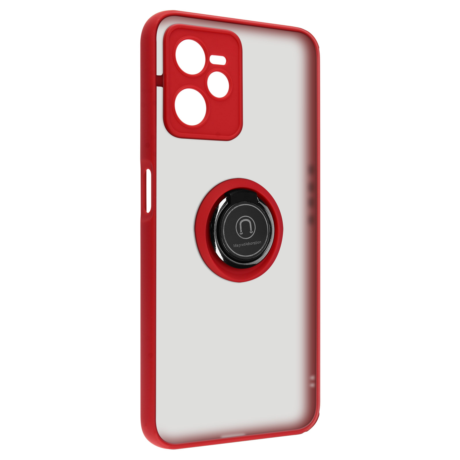 Custodia per telefono con bordo rosso e supporto ad anello su sfondo bianco.