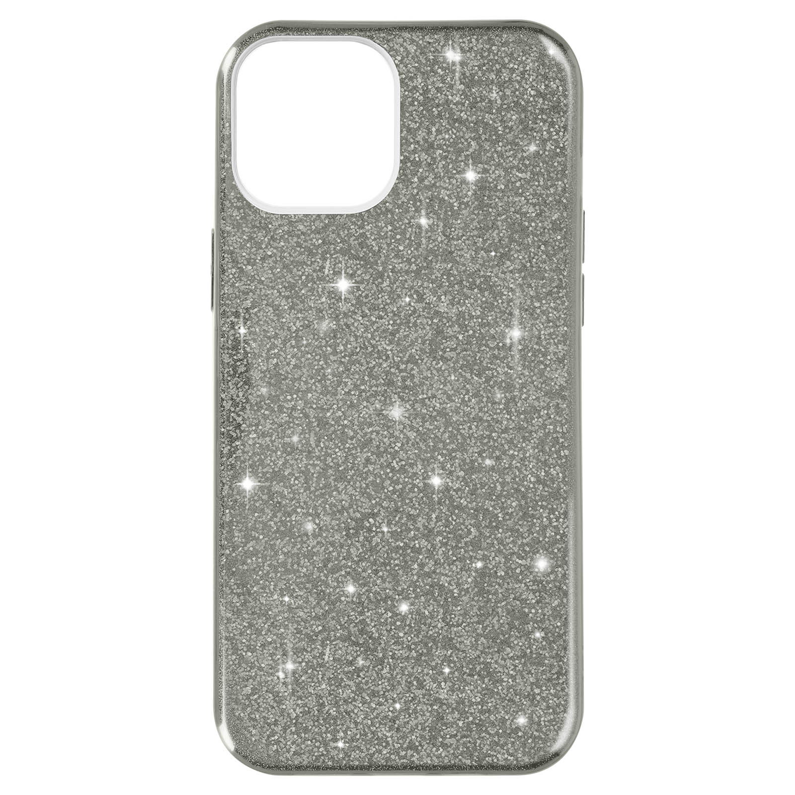 Custodia per telefono con glitter argentati. Superficie scintillante. Foro per la fotocamera. Sfondo bianco.
