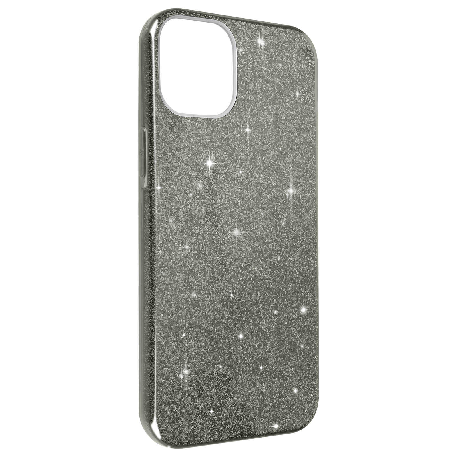 Custodia per telefono argentata glitterata, con un ritaglio per la fotocamera, su sfondo bianco.