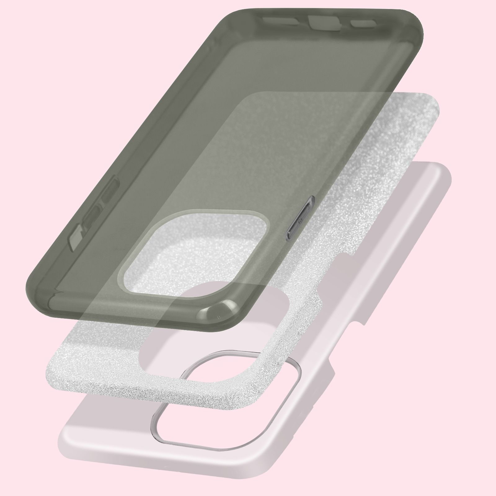 Una custodia per telefono a strati in grigio trasparente, con uno strato glitterato e una base rosa.