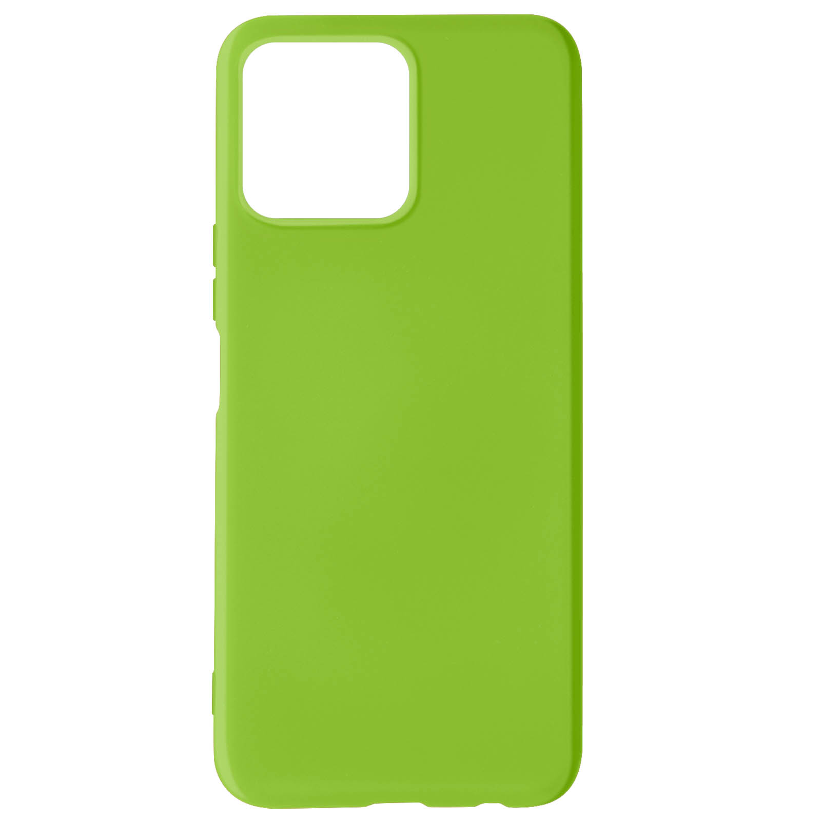 Custodia per telefono verde. Ha un foro per la fotocamera e fori per i pulsanti laterali.