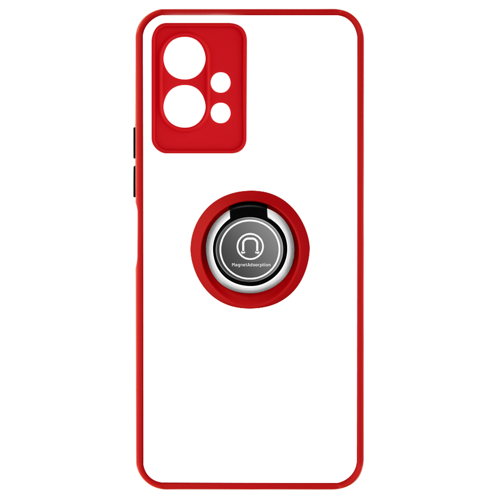 Custodia rossa per telefono con supporto ad anello nero. Il supporto ha un centro argento.