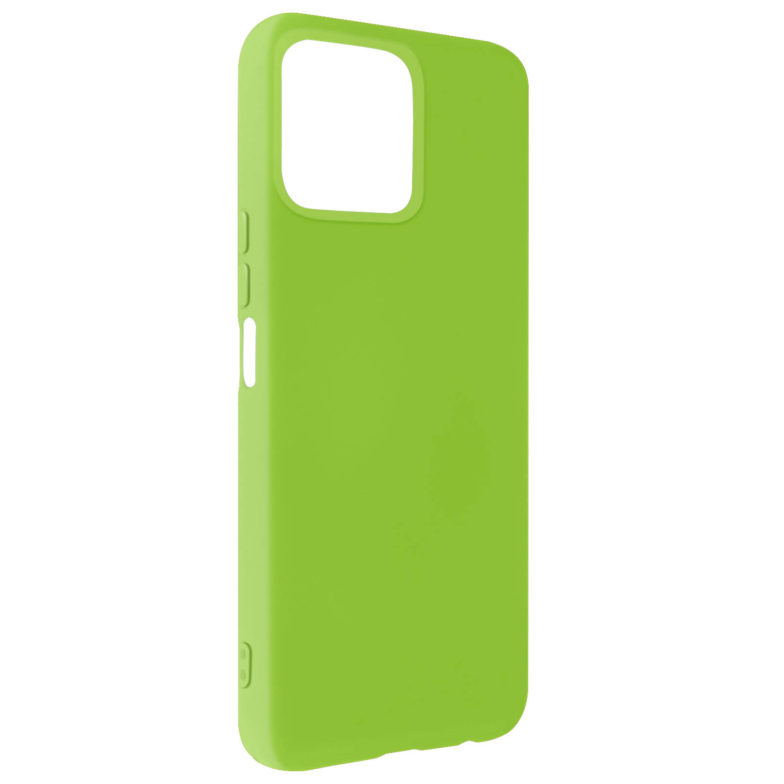 Custodia per telefono verde lime, un colore solido, sagomata per adattarsi a un telefono con un ritaglio per la fotocamera.