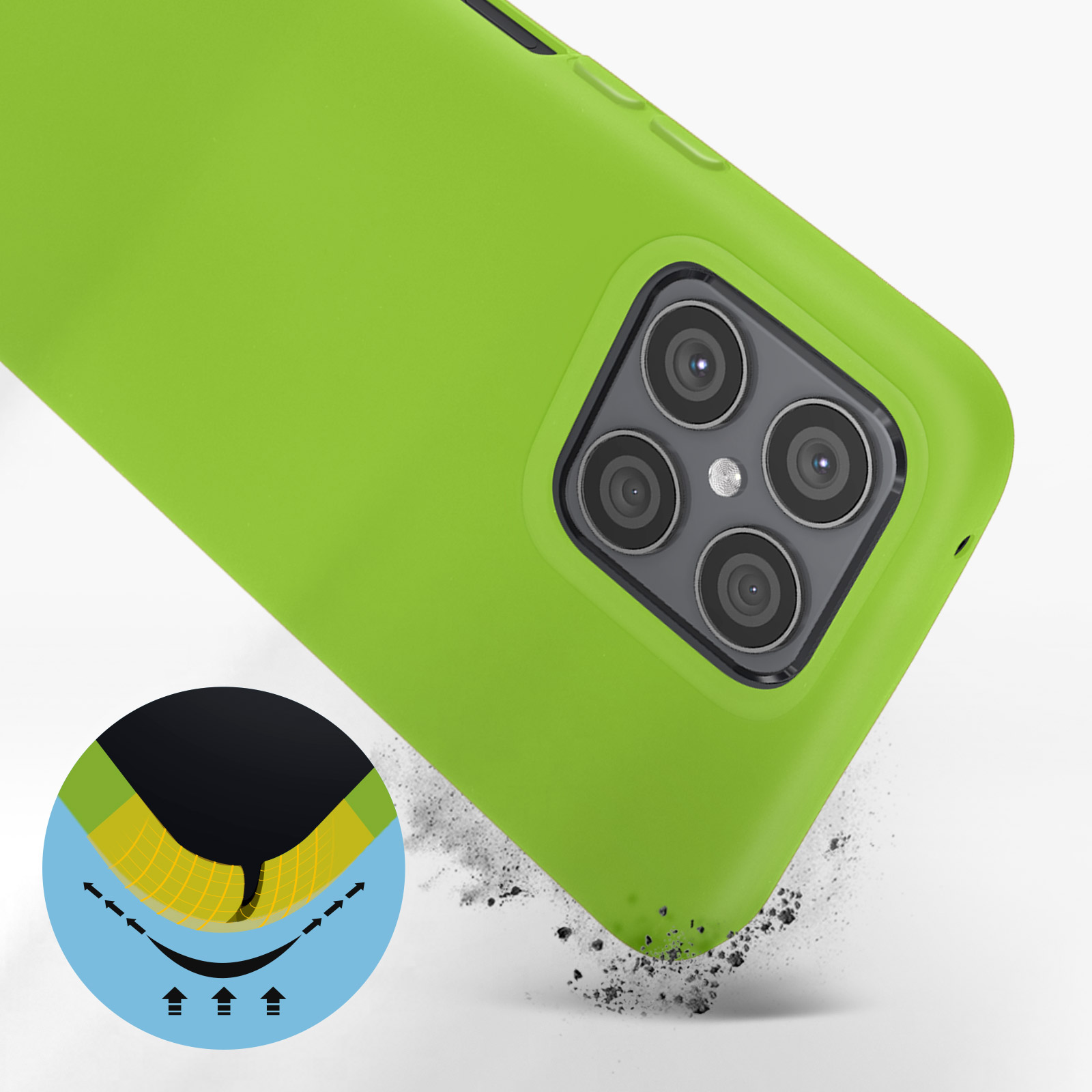 Una custodia verde per telefono con un ritaglio per la fotocamera, che mostra la protezione dagli impatti.