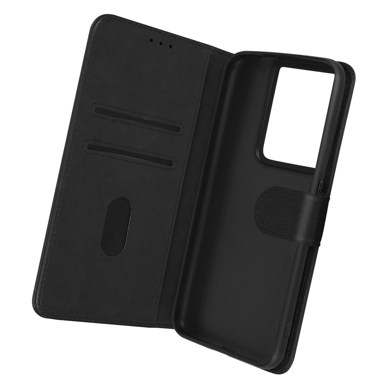 Schwarze Handyhülle mit geöffneter Klappe, die ein Telefon zeigt.