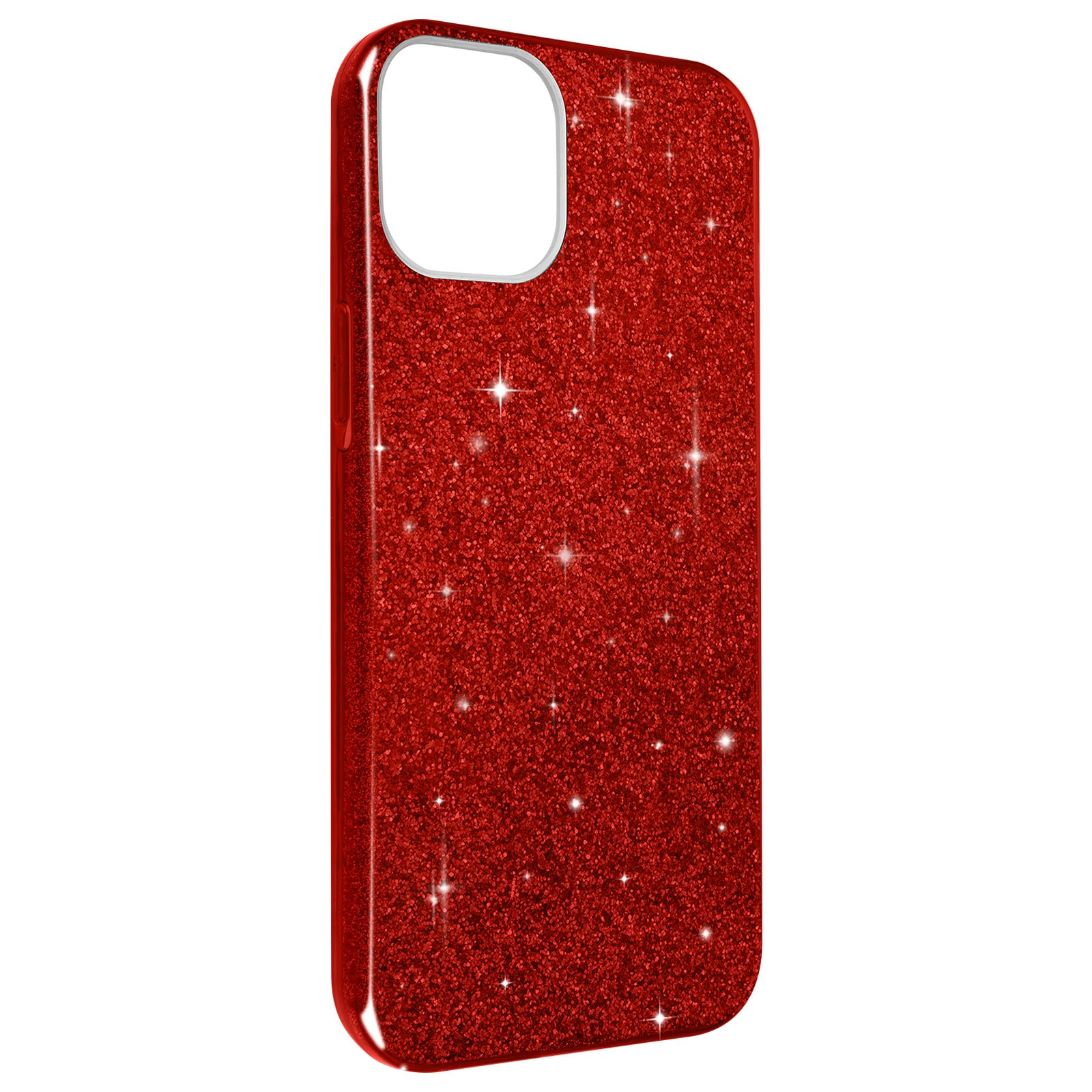 Une coque de téléphone rouge pailletée avec une découpe pour l'appareil photo, sur fond blanc.