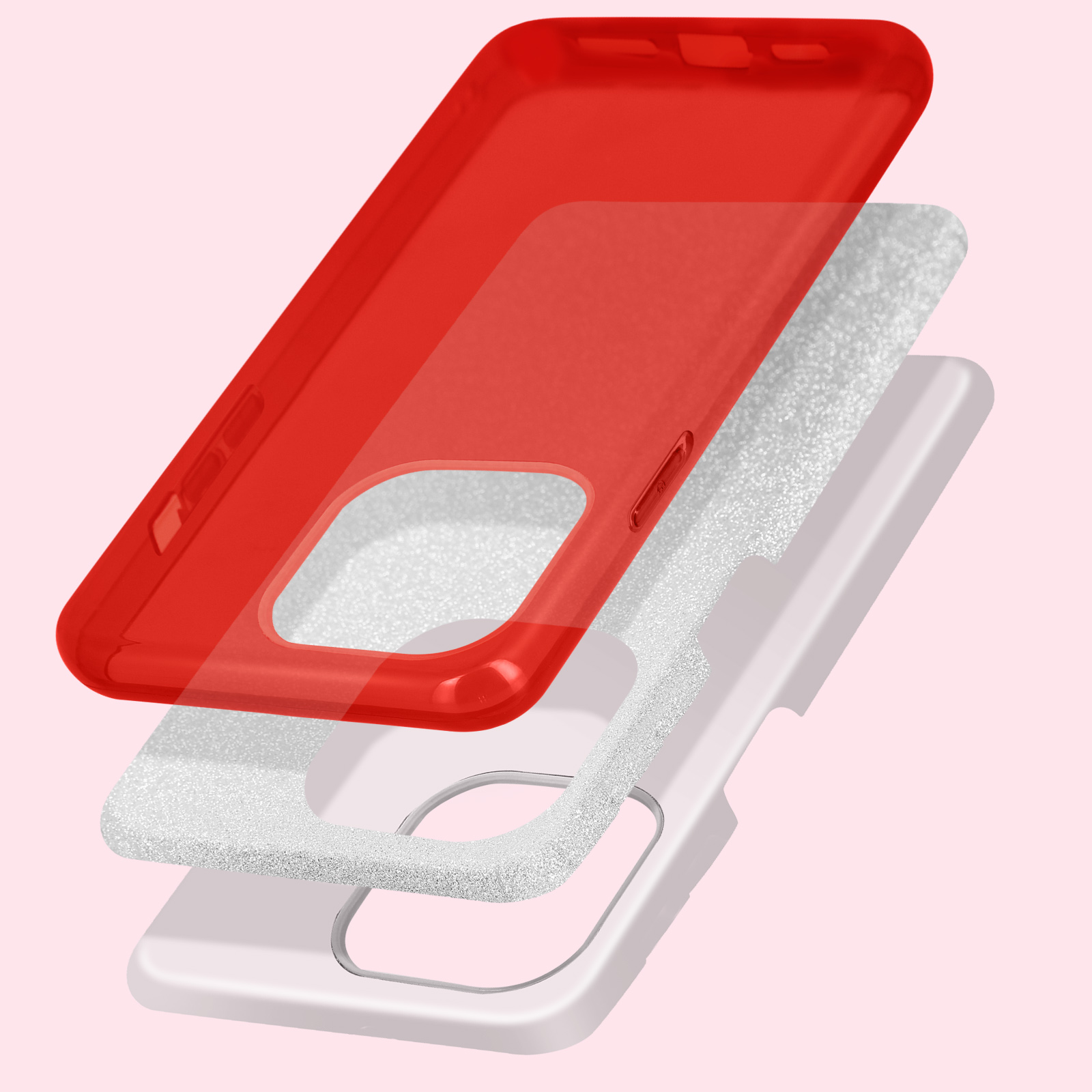 Telefoonhoes, rode, witte en grijze lagen, op een roze achtergrond.