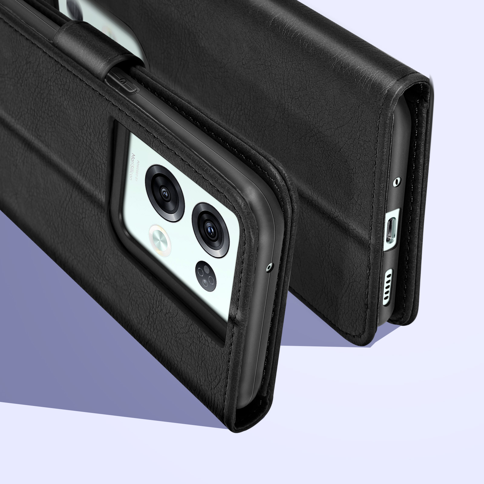 Schwarzes Telefon in schwarzer Lederhülle, Kameralinse sichtbar.
