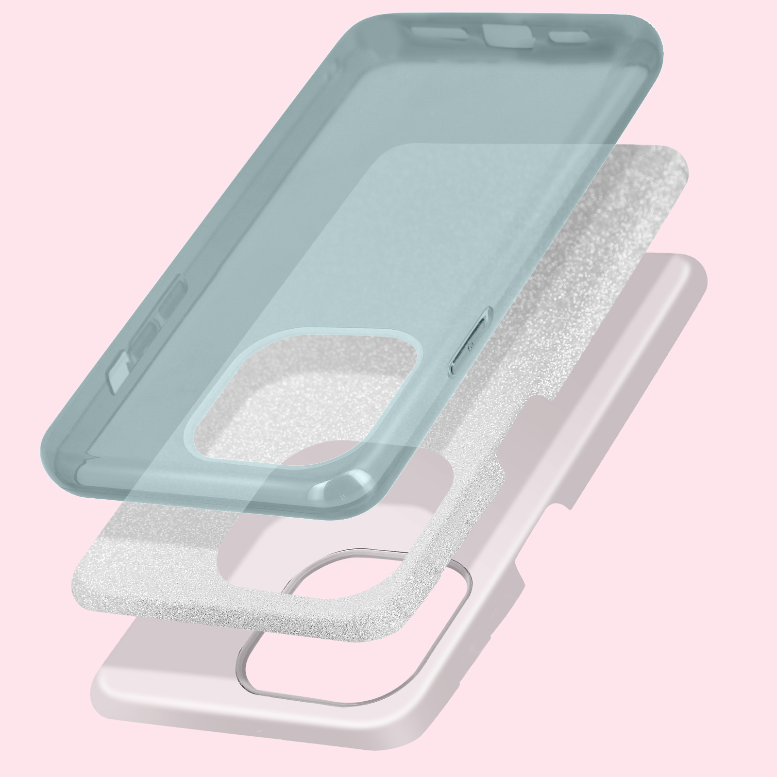 Custodia per telefono a tre strati nei colori azzurro e bianco. Gli strati sono separati.
