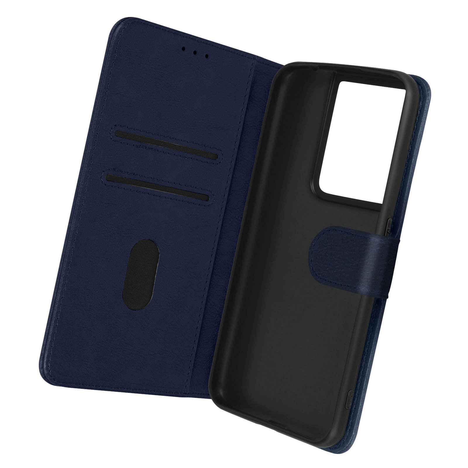 Offene blaue Handyhülle mit schwarzem Telefon im Inneren. Die Hülle ist im Brieftaschenstil.