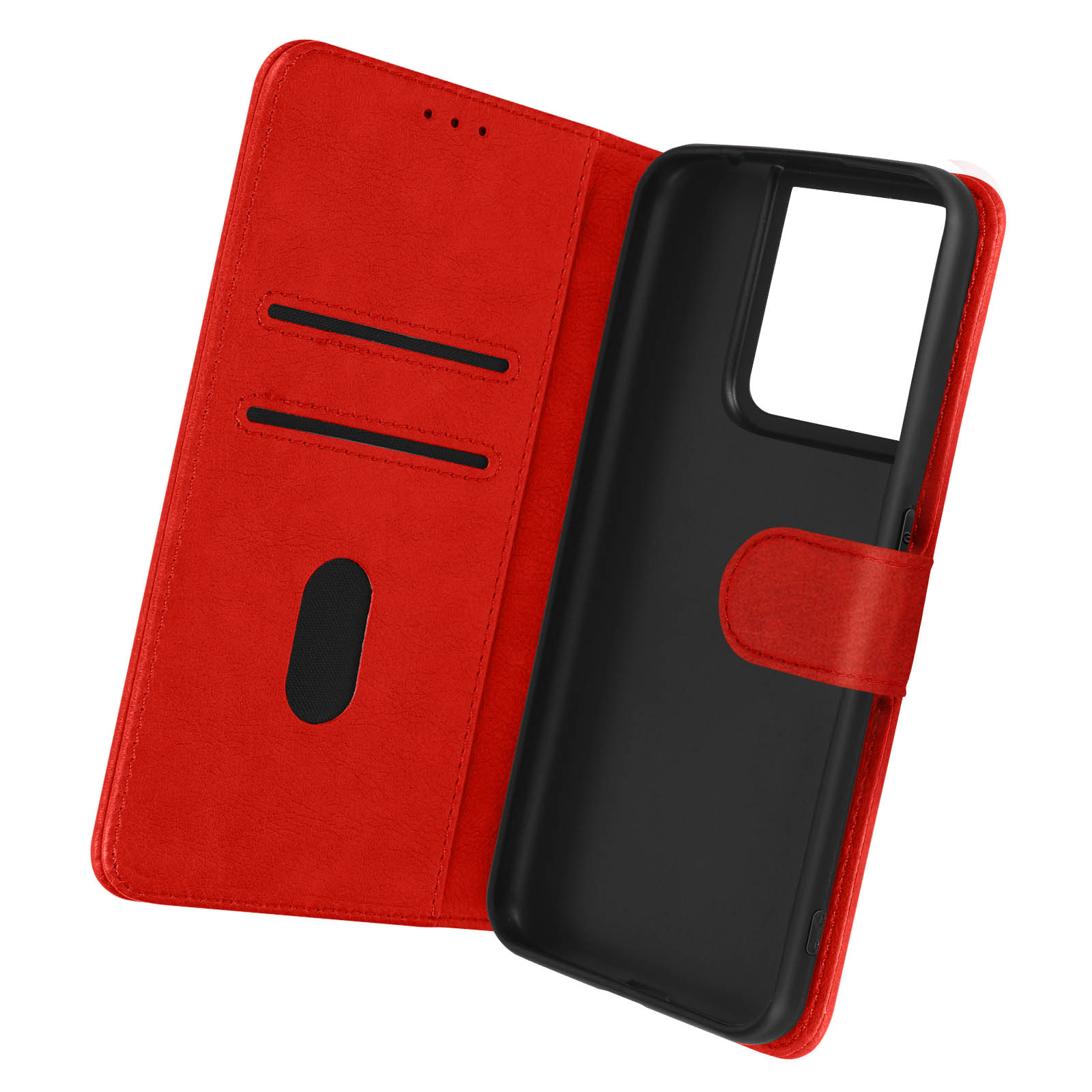 Rode telefoonhoes met portemonnee-ontwerp, open.