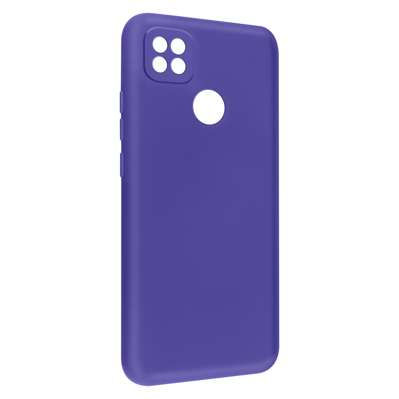 Coque de téléphone violette, quatre découpes pour appareil photo et un trou rond. Design épuré et lisse.