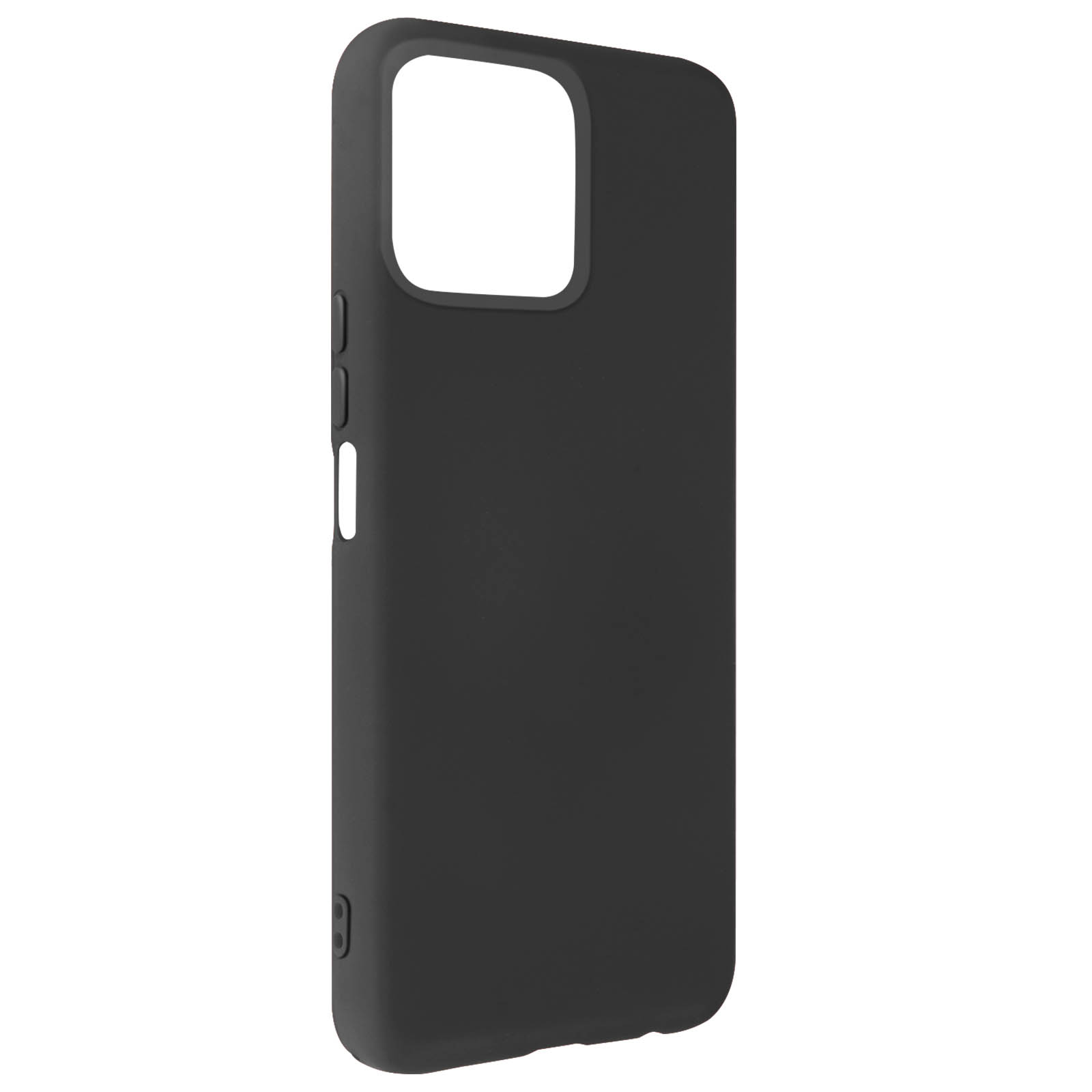 Una custodia per telefono nera con un ritaglio per la fotocamera su sfondo bianco.