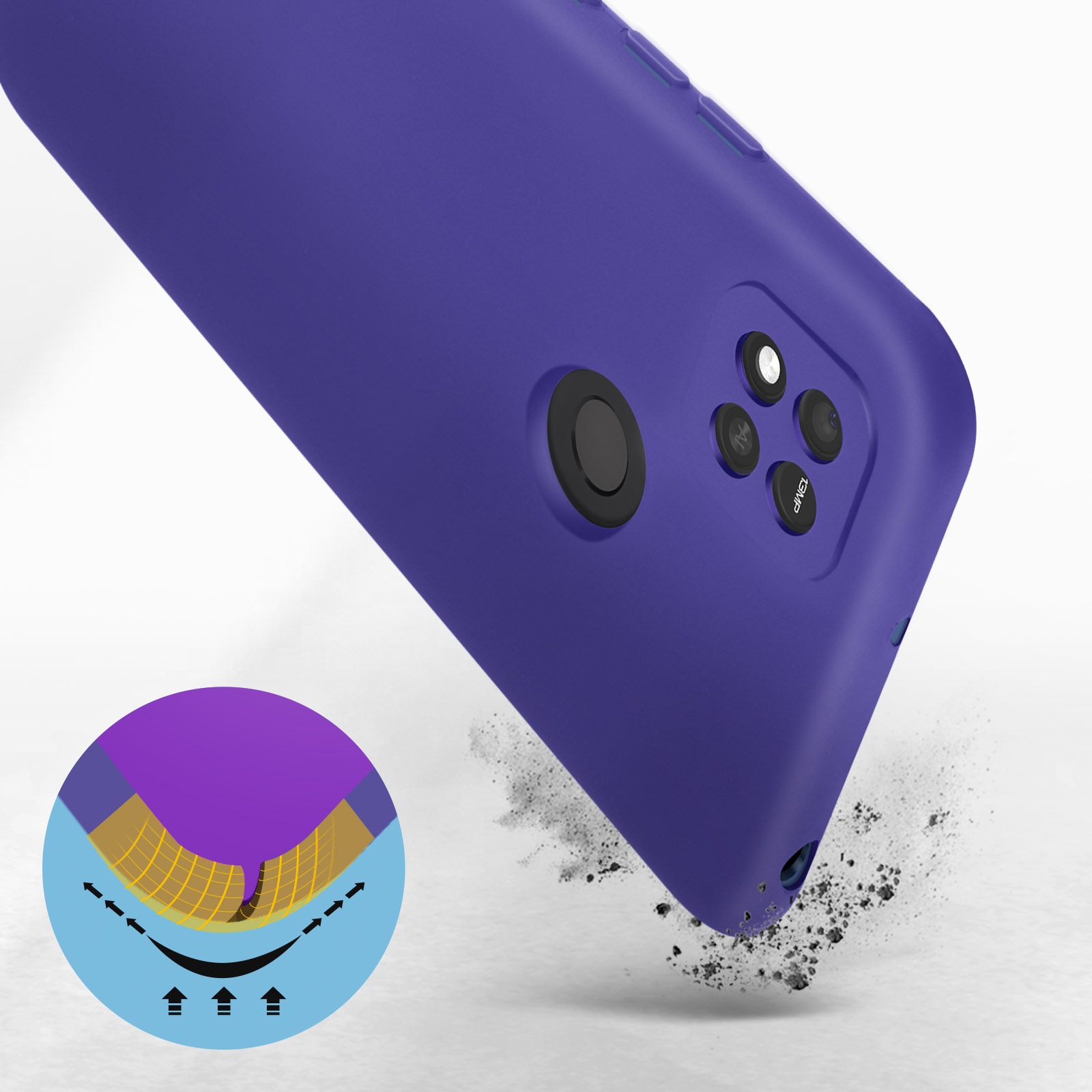 Gros plan sur une coque de téléphone violette avec détails de caméra et graphique de protection.