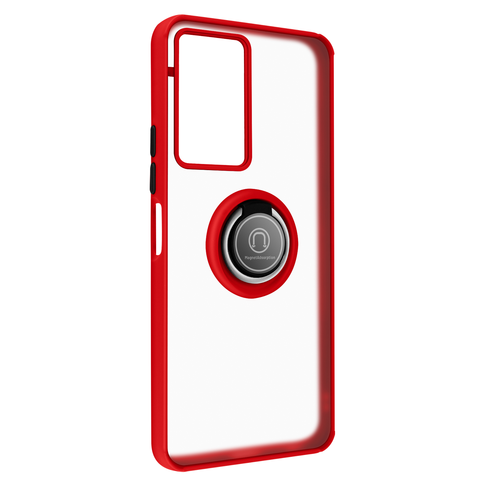 Custodia rossa per telefono con anello di supporto, retro trasparente e cornice rossa.
