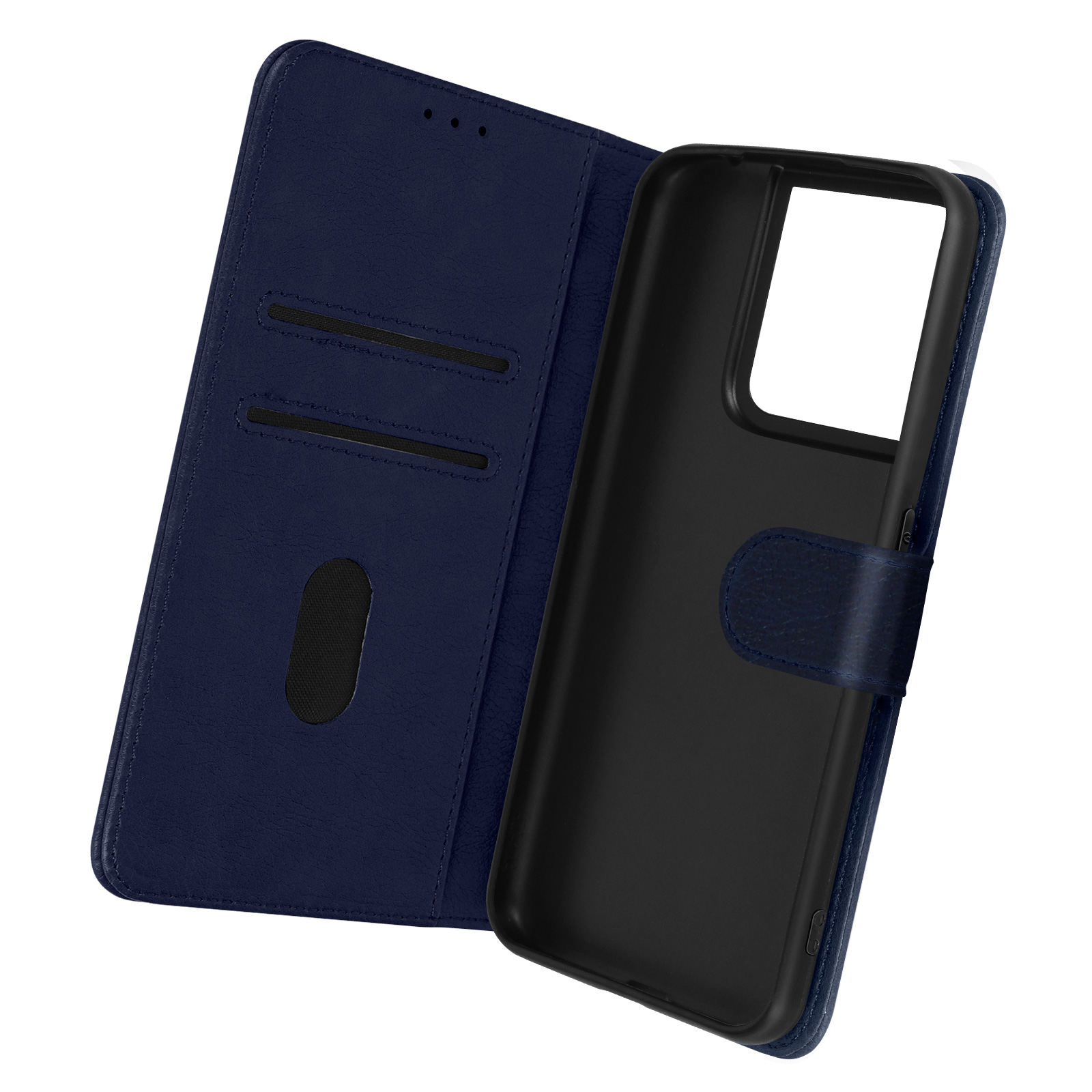 Étui de téléphone bleu foncé, ouvert, avec un téléphone à l'intérieur, montrant l'arrière.