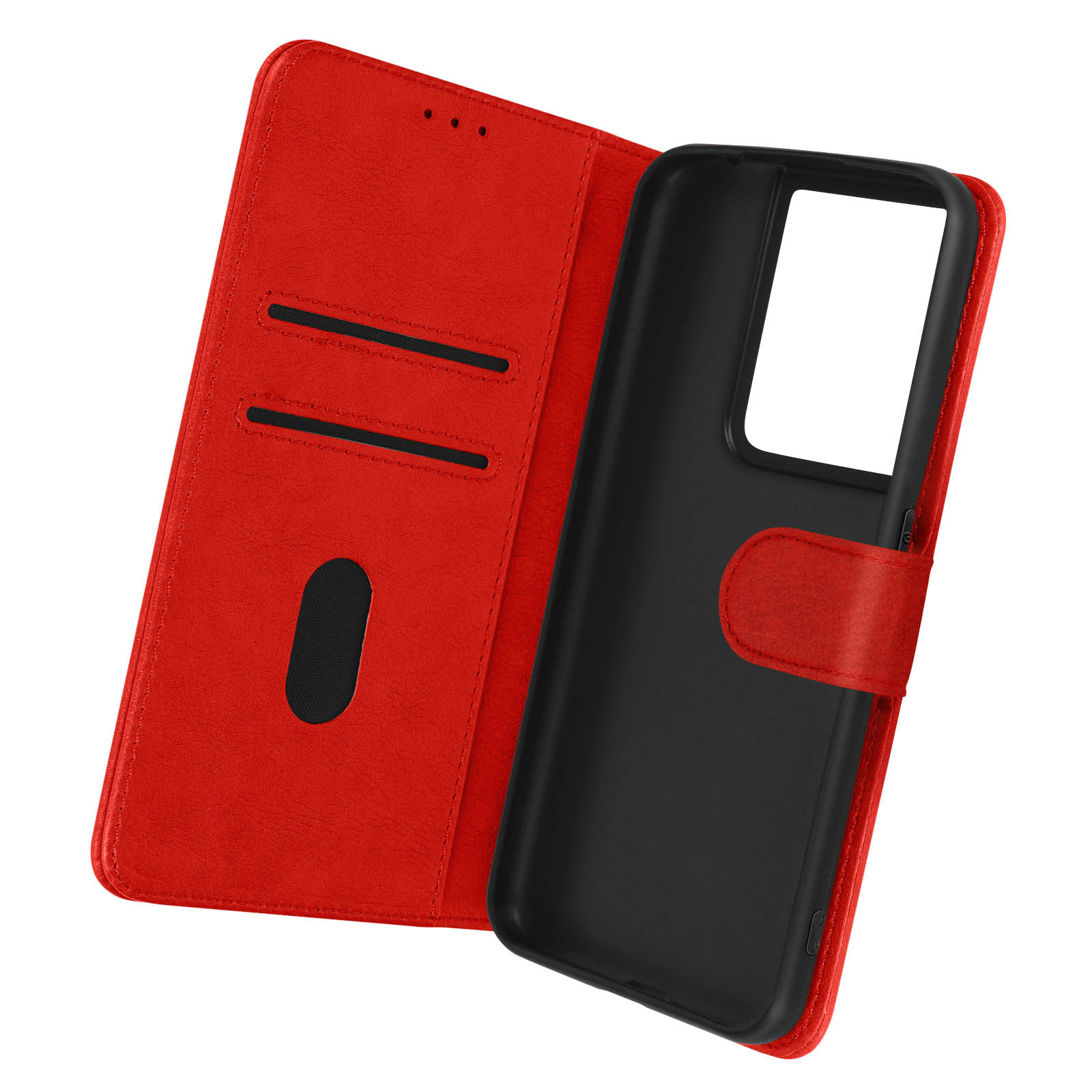 Rote Handyhülle mit schwarzem Telefon darin. Die Hülle ist geöffnet, zeigt das Telefon und die Innenseite.