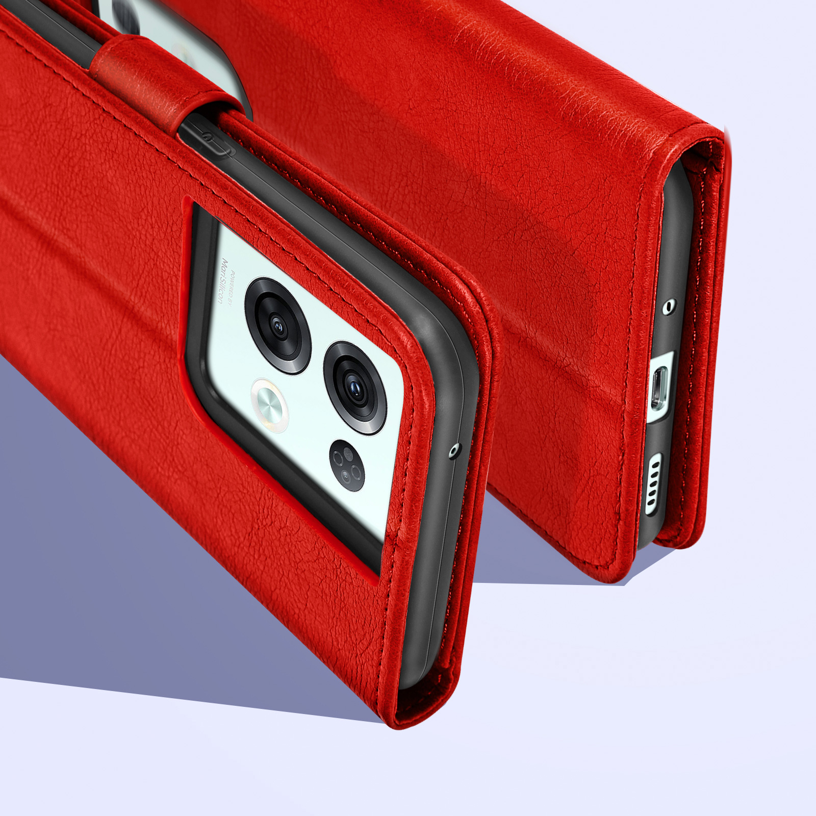 Eine rote Leder-Handyhülle mit schwarzem Innenraum. Die Kamera des Telefons ist sichtbar.
