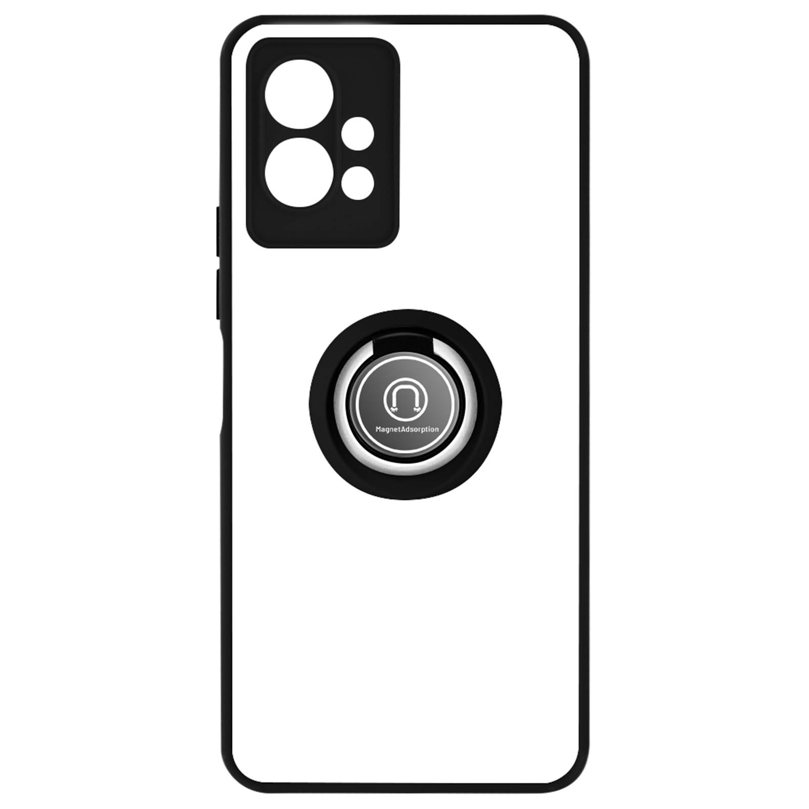 Custodia per telefono bianca con dettagli neri. Ha un supporto ad anello e un ritaglio per la fotocamera.